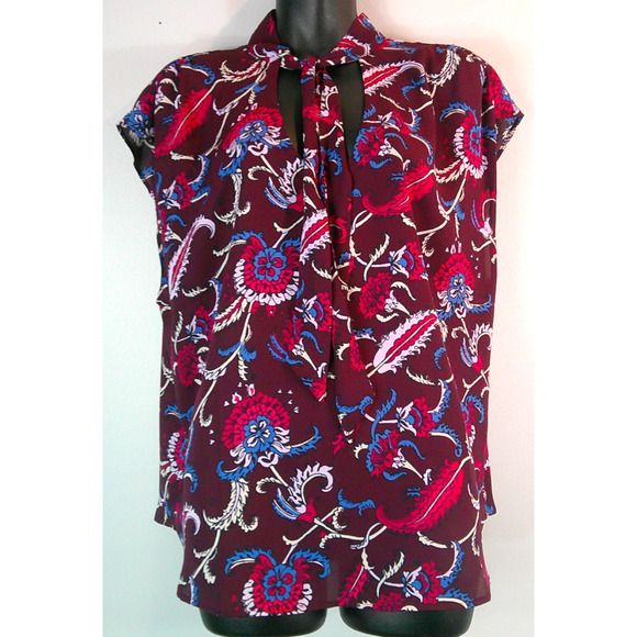 Ann Taylor Factory Women's XL Short Sleeve V-neck with Tie Maroon Floral Blouse - Picture 1 of 7